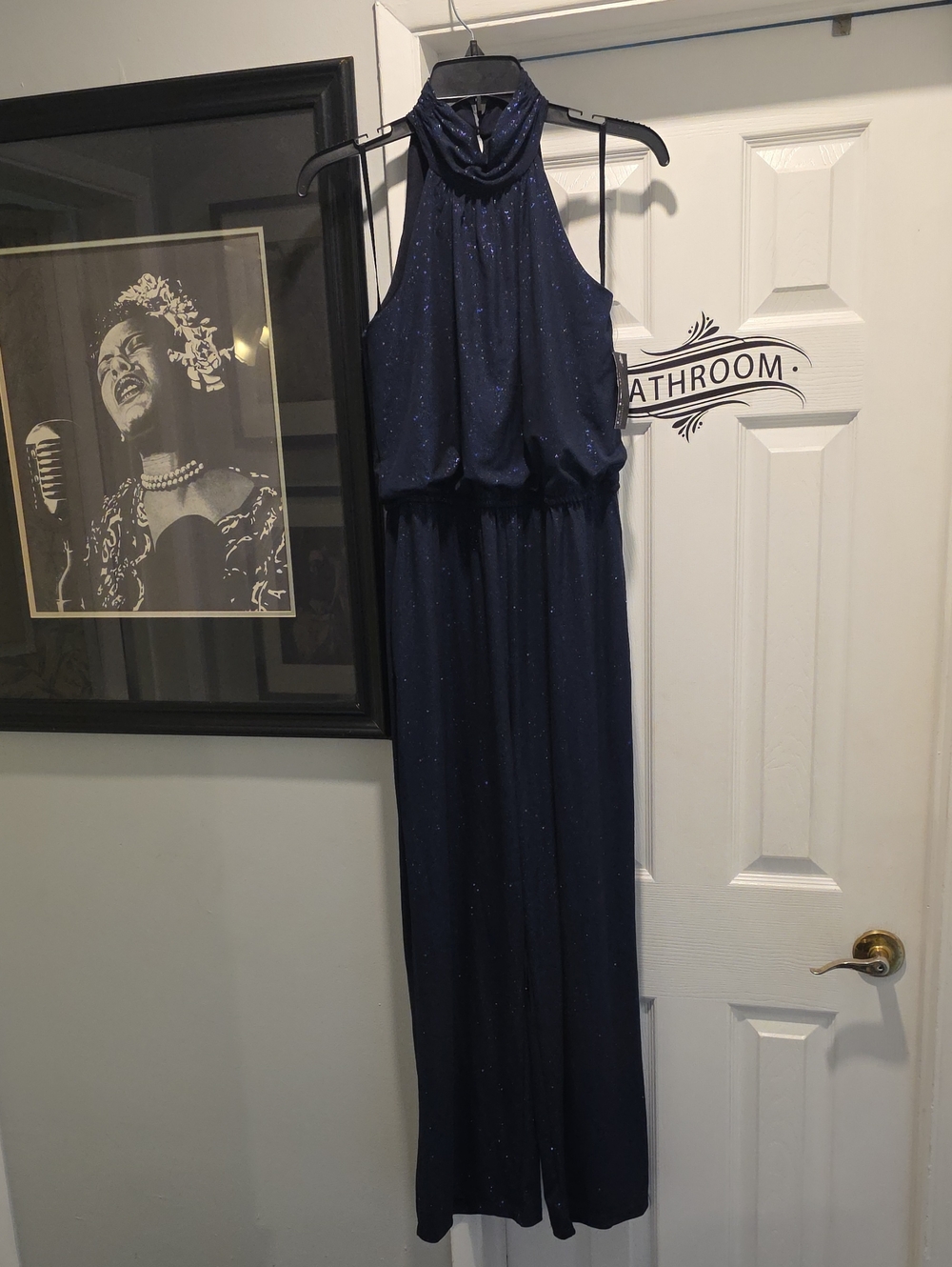 Elegant Navy Halter Evening Jumpsuit - Sparkle Detail